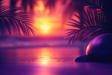 Poster - A serene landscape of a sunset with palm trees in the foreground, perfect for use in travel or nature-themed projects