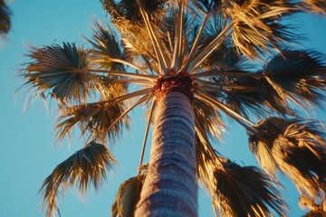 Poster - A tall palm tree standing against a bright blue sky, ideal for use as a background or landscape element
