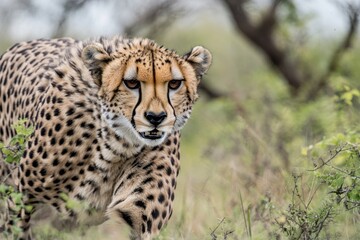 Poster - Wild cheetah roaming freely in a sunny meadow, suitable for wildlife or conservation themes