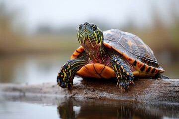 Poster - A turtle sitting on a log beside calm water