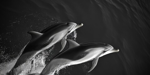 Poster - Dolphins leaping from ocean in a playful moment, suitable for use in illustrations about marine life or aquatic activities
