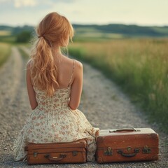 Aufkleber - A woman sits on top of two suitcases on a dirt road, with a scenic background