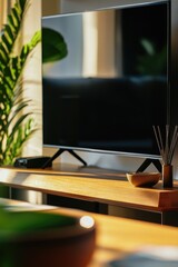 Aufkleber - A flat screen TV sits on top of a wooden table, perfect for home entertainment