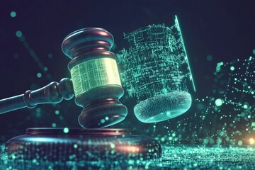 Poster - A judge's gavel on a desk with a circuit board in the background, suitable for technology and justice themed projects