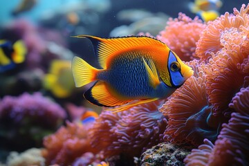 Poster - A vibrant orange and blue fish swimming among coral formations in a colorful reef