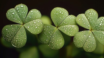 Poster - A close-up of four leaf clovers with water droplets on their leaves, a symbol of good luck