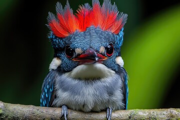 Poster - A vibrant bird with red and blue plumage resting on a branch, ideal for illustrations or designs related to nature, wildlife, or travel