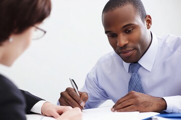 Poster - A man and a woman working together on a project or writing in tandem