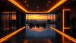 © banyu bening - Modern penthouse apartment with orange neon lights, city skyline view at sunset.