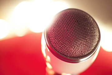 Poster - Close-up shot of a microphone on a bright red surface, ideal for use in audio-related contexts such as music production or podcasting