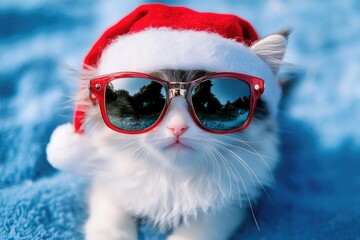 Poster - A cat wearing sunglasses and a Santa hat