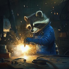 Poster - A raccoon wearing a blue jacket is busy working on a piece of metal, highlighting its resourcefulness and problem-solving skills