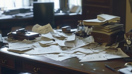 Aufkleber - A typical office desk scene with a pile of papers and files