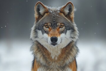 Poster - A close-up shot of a wolf's face in snowy environment