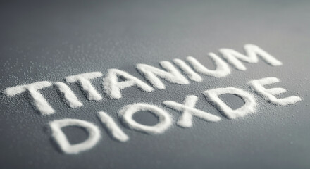 Poster - Titanium dioxide text on a surface with fine powder of titanium and dioxide particles in a close-up view