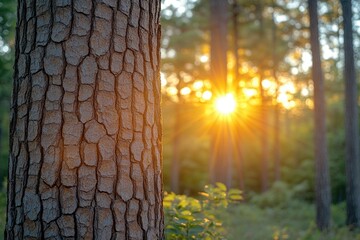 Poster - A bright sunbeam illuminates a dense forest with tall trees, highlighting the dappled patterns on the forest floor