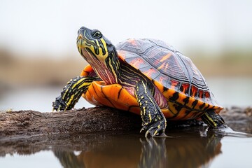 Poster - A turtle sits on top of a log near a body of water, great for nature and wildlife scenes