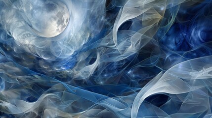 Full moon illuminating blue and white nebula clouds creating a beautiful abstract wallpaper