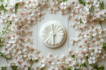 Poster - A decorative clock surrounded by white flowers on a wooden surface, perfect for home decor or office use
