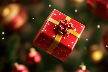 Fototapete - A beautifully wrapped gift box in red with a golden ribbon and bow, perfect for special occasions or as a decorative item