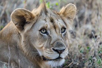 Poster - Close-up shot of a lion in a natural environment, suitable for wildlife or nature-themed projects