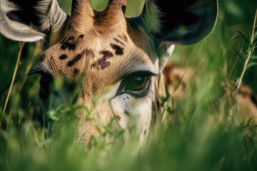 Aufkleber - Close-up shot of a giraffe's face peeking out from tall grass