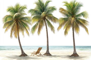 Poster - Cozy beach setting with three palm trees and a single chair, perfect for relaxation