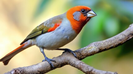 Wall Mural - A small bird sits on the edge of a tree branch, possibly singing or looking out at its surroundings