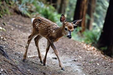 Poster - A young deer walks along a forest path, surrounded by trees and underbrush