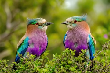 Poster - Two vibrant birds rest on the branches of a tree, surrounded by lush greenery
