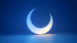 © john - A serene crescent moon glowing brightly against a soft, solid blue background, symbolizing the start of Ramadan