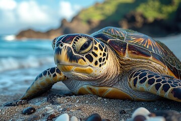 Poster - A turtle resting on a sandy beach next to the ocean, suitable for use in illustrations about nature, wildlife, or coastal scenes