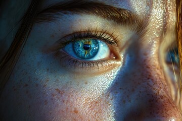 Poster - A detailed view of a person's eye featuring freckles, ideal for use in beauty or medical contexts
