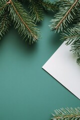 Poster - Green background featuring pine branches and a piece of paper