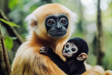 Poster - A monkey cradling a tiny baby monkey in its arms
