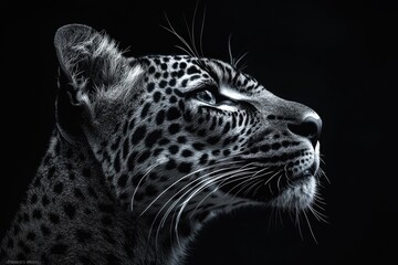 Poster - A close-up image of a leopard's face in black and white, highlighting its distinctive markings