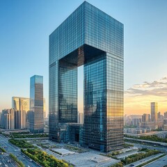 Fototapete - A towering modern skyscraper, with a unique architectural design featuring a distinctive gap between its two towers, dominates the skyline of a bustling metropolis.