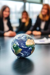 Poster - Group discussion with a world map, gathering and planning