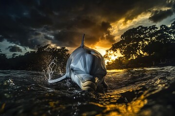 Poster - A dolphin swims in the ocean as the sun sets in the background, creating a warm and serene atmosphere