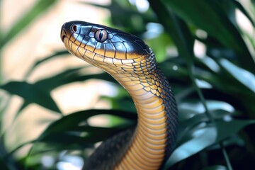 Poster - Close-up view of a snake's head with a plant growing nearby