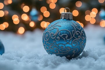 Poster - A single blue Christmas ornament sits in the fresh snow, a simple yet festive winter scene