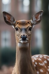 Poster - A deer seen from the side, standing near a building