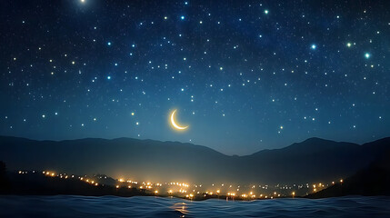 Wall Mural - a serene night sky filled with twinkling stars and a crescent moon, symbolizing the beginning of the