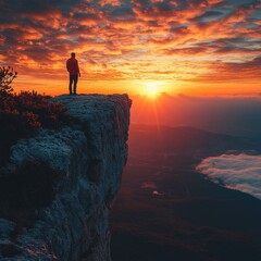 Poster - A man stands at the edge of a cliff as the sun sets in the background, with a calm sea and distant landmass visible