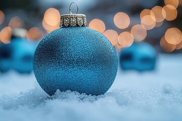 Poster - A blue glass ornament sits amidst winter snowflakes, perfect for holiday decorations or winter wonderland scenes