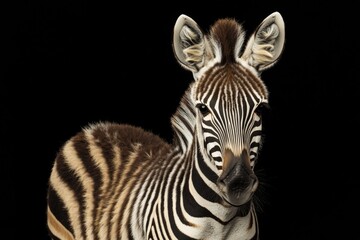 Poster - A close-up image of a zebra's head and neck against a dark background