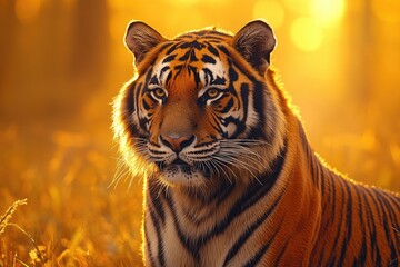 Poster - Wildlife image of a tiger standing in a field of tall grass, great for outdoor or nature-themed projects