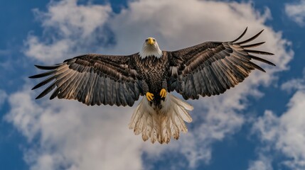 Poster - A bald eagle soaring through the air, surrounded by a blanket of clouds