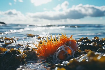 Poster - A close-up photo of a colorful sea anemone on a sunny beach, perfect for use in travel or nature-themed designs
