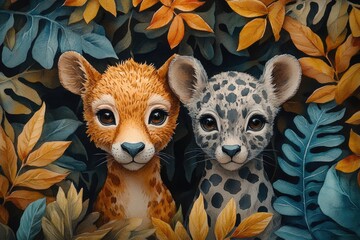 Poster - A giraffe and leopard coexist in a dense jungle, highlighting their unique relationship